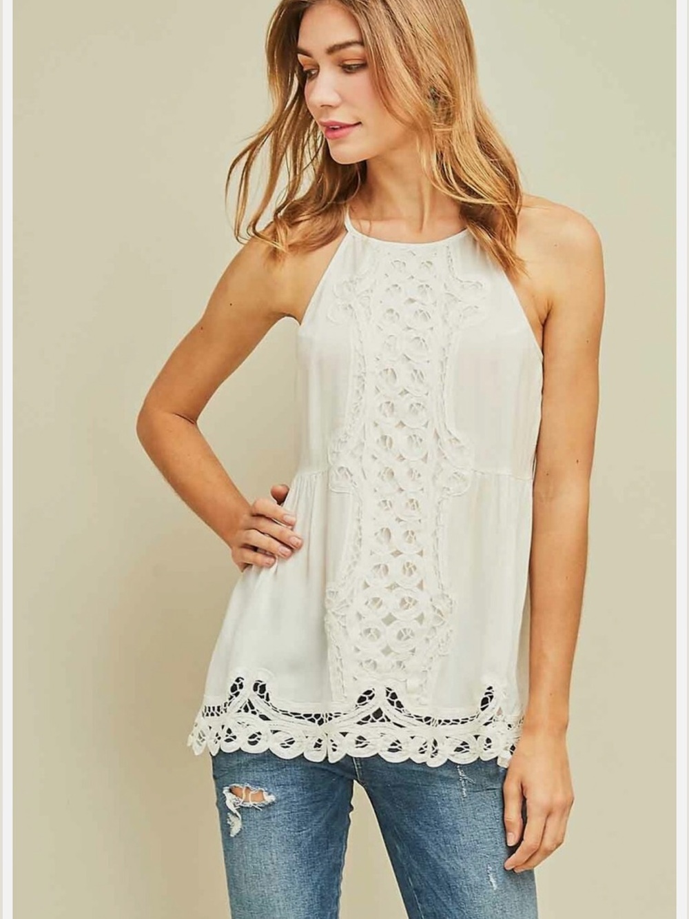 ENTRO Halter top featuring crochet details front Scalloped hem Off-White S